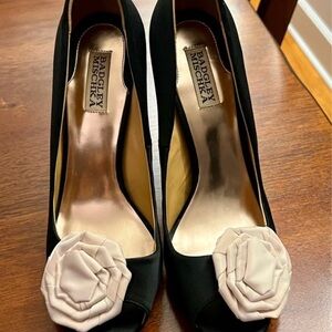 Badgley Mischka Black Heels with White Floral Detail